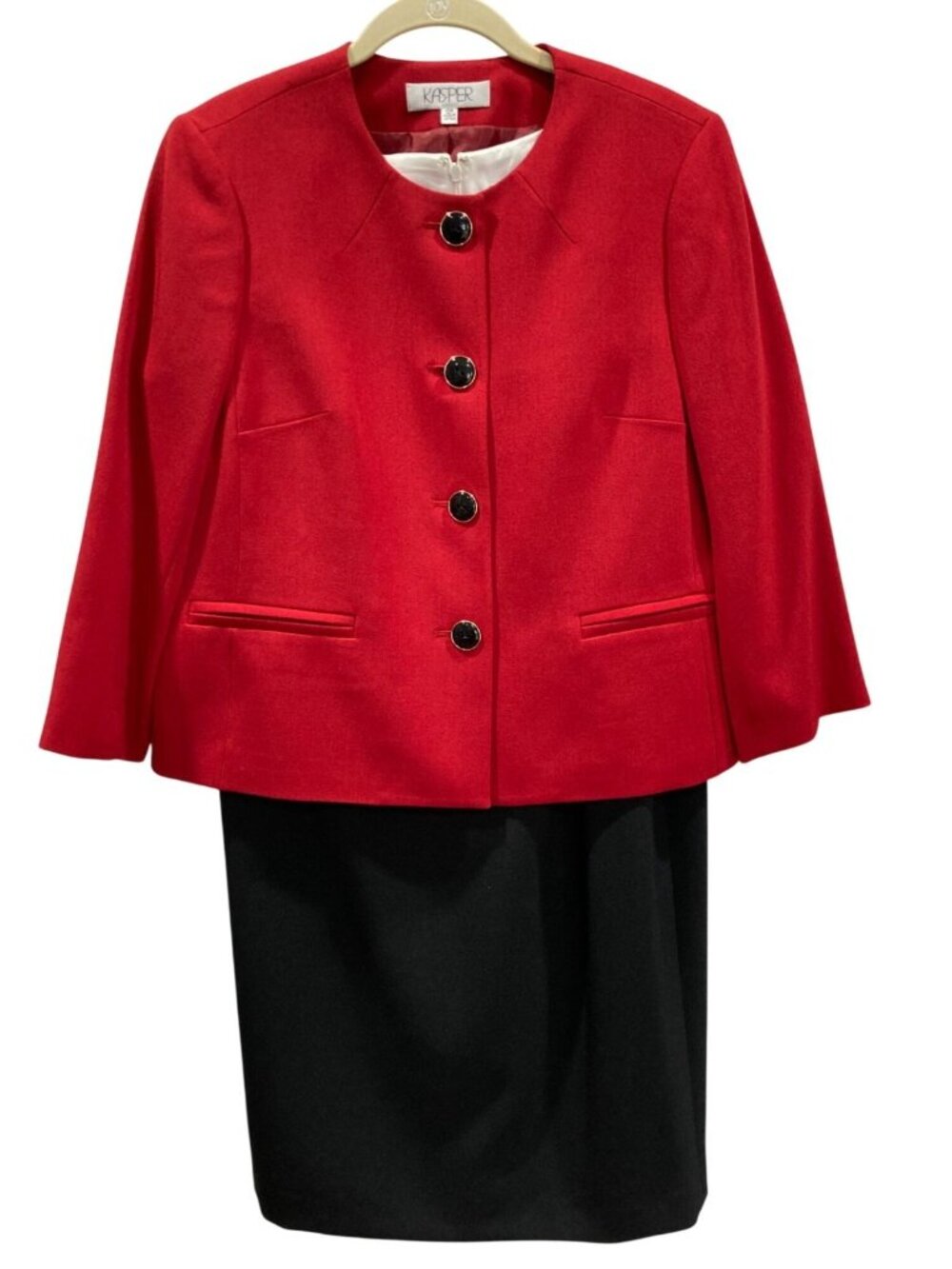 Kasper Colorblock Striped Sheath Dress Blazer 12P 14P Red Black Business Casual